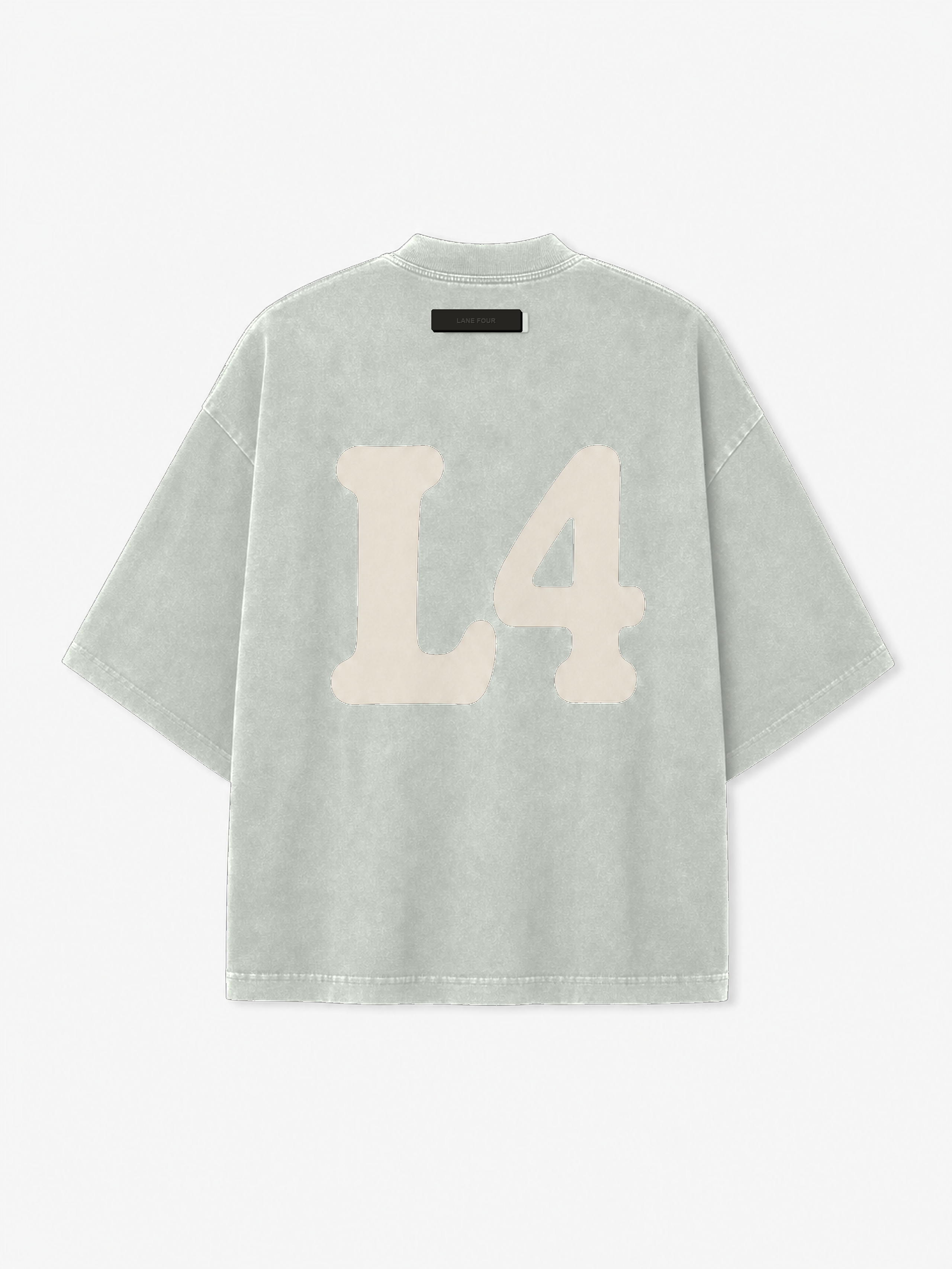 ALL LANES ATHLETICS Tee in Mist Greige, back view.