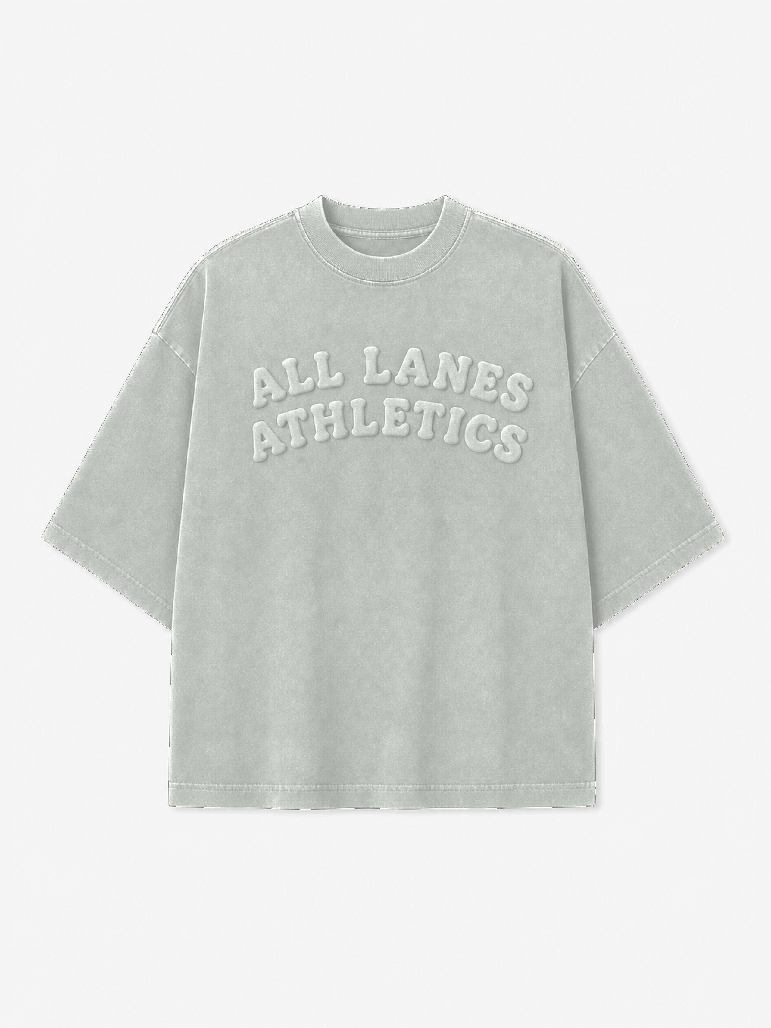 All Lanes Athletics Tee in Mist Greige, front view