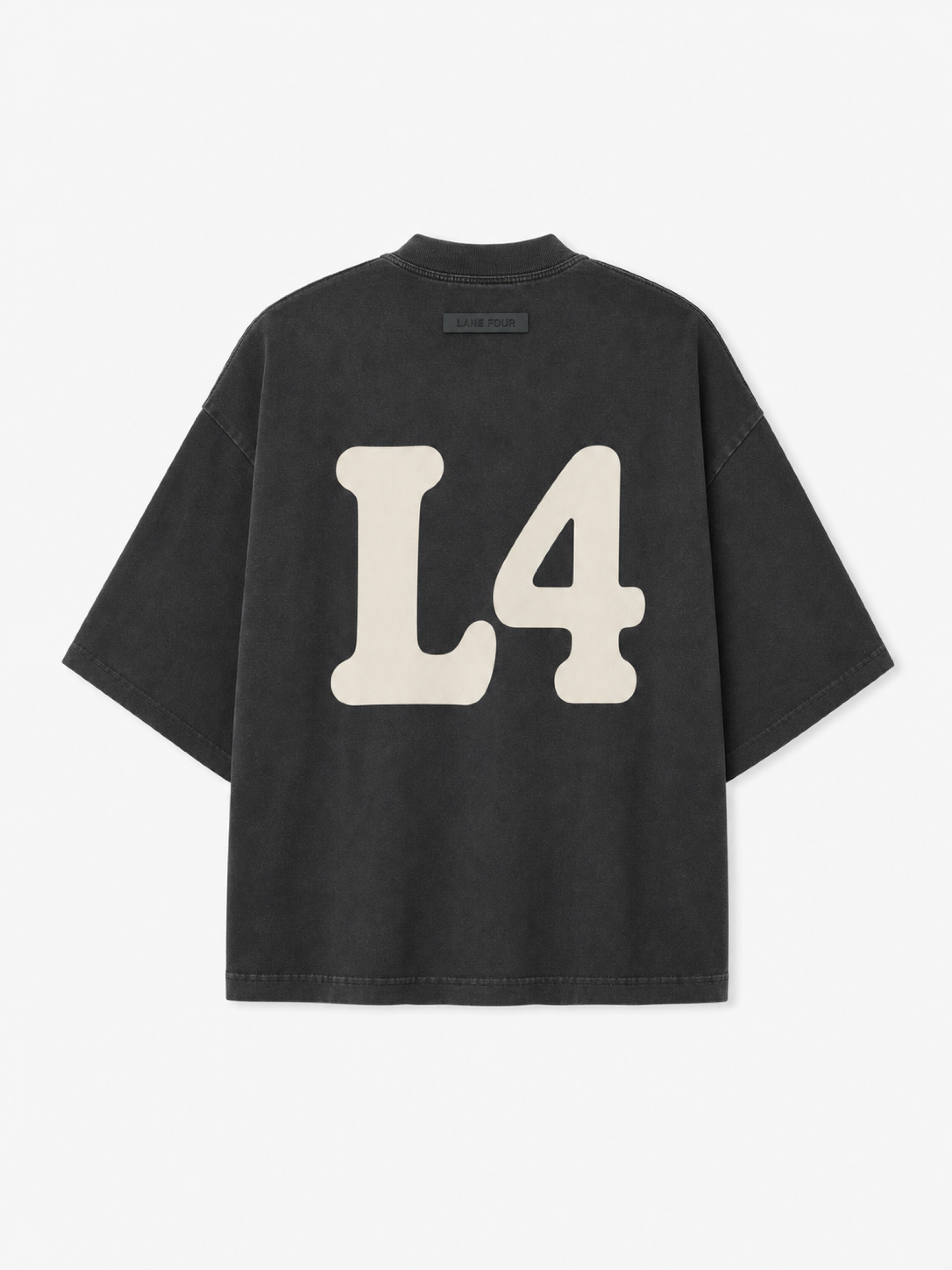 Oversized L4 back graphic on the Vintage Black tee.