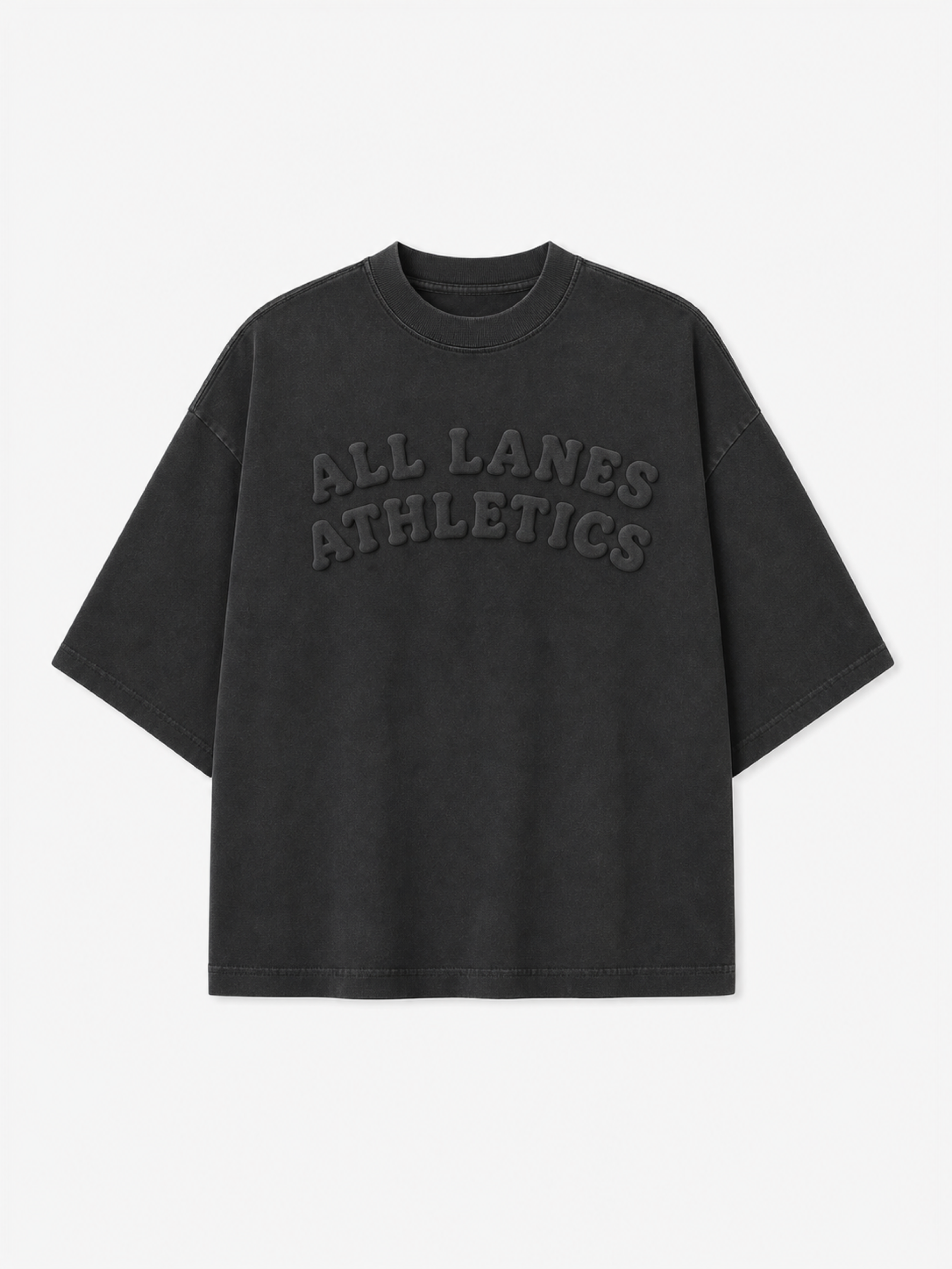 ALL LANES ATHLETICS Tee in Vintage Black, front view.